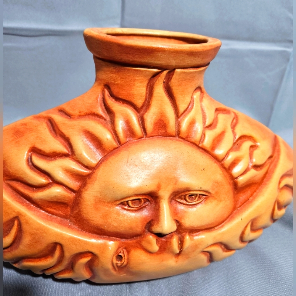 Vintage TLC Handmade Celestial Sun Moon Large Clay Mexican Pottery Vase Folk Art - Picture 5 of 9